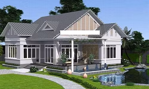 Thiết kế nhà 1 tầng theo mẫu biệt thự cao cấp. Các phòng được kết nối với thiên nhiên bên ngoài nhờ sử dụng hệ thống cửa kính khung sắt hiện đại. Ảnh: 10nhadep.