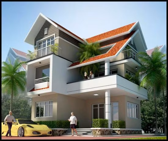 Biệt thự 3 tầng kiểu dáng hiện đại, các phòng sinh hoạt tầng 2 đều có lan can rộng rãi. Ảnh: Datbinhduong.