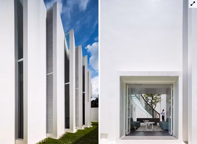 Thiết kế lạ mắt này cũng chính là giải pháp giảm ánh nắng gay gắt khi mặt tiền chính hướng Tây.