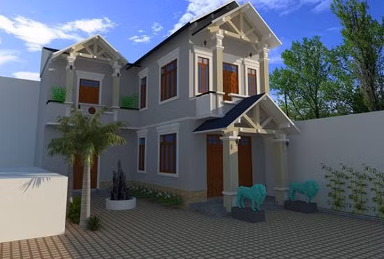 Sân rộng, mái thái kép là điểm nhấn của ngôi nhà 2 tầng. Ảnh: Toanthang.