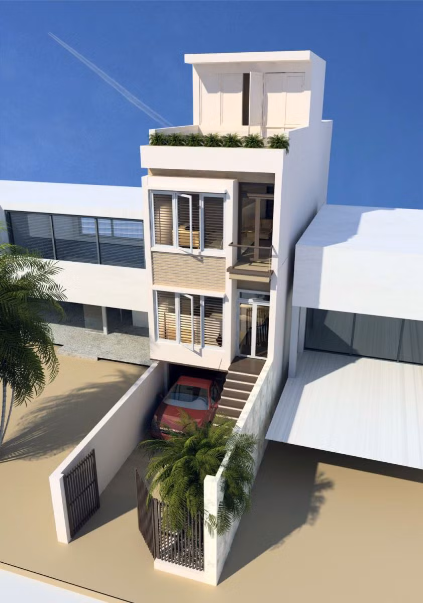 Nhà ống 3 tầng sử dụng gam màu trắng muốt gồm 1 gara, phòng bếp + ăn, phòng khách, 3 phòng ngủ và phòng thờ. Ảnh: Nhadep360.