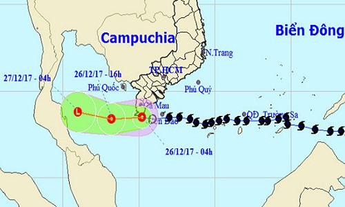 Vị trí và hướng đi của áp thấp nhiệt đới. Ảnh: NCHMF.