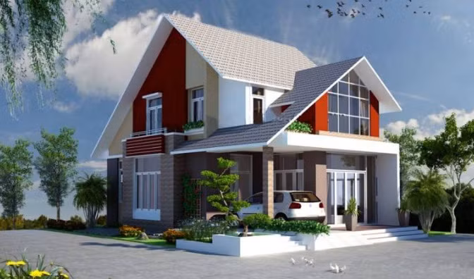  Nhà 2 tầng nhỏ nhưng thiết kế gọn gàng, vẫn có chỗ để xe ô tô. Ảnh: Kientrucvietas.