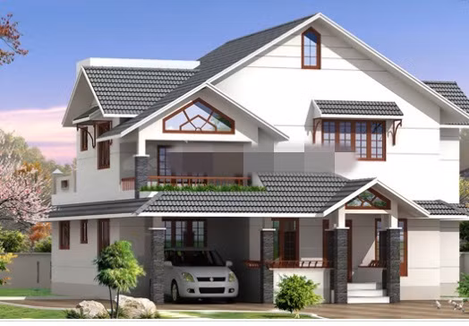 Biệt thự 2 tầng mái ngói xám theo phong cách bán cổ điển, có gara để xe. Ảnh: Dti.