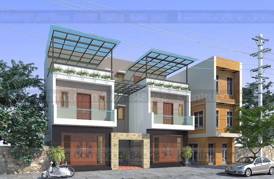 Nhà ống ghép đôi độc đáo, có lối đi chung ở giữa tạo nên mối quan hệ gần gũi. Ảnh: Kientrucdmc.