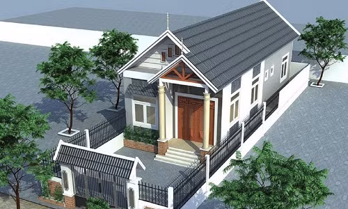 Mẫu nhà cấp 4 mái thái có tường rào bao quanh là kiến trúc được ưa chuộng nhất trong năm 2017. Ảnh: Thietkethicongnhadep.