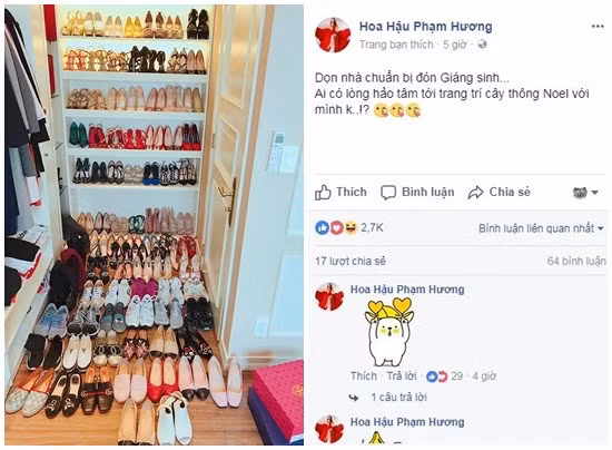 Phạm Hương còn khoe tủ giày hàng hiệu gần 100 đôi khi dọn nhà chuẩn bị đón Giáng sinh. Ảnh: Vietnamnet.