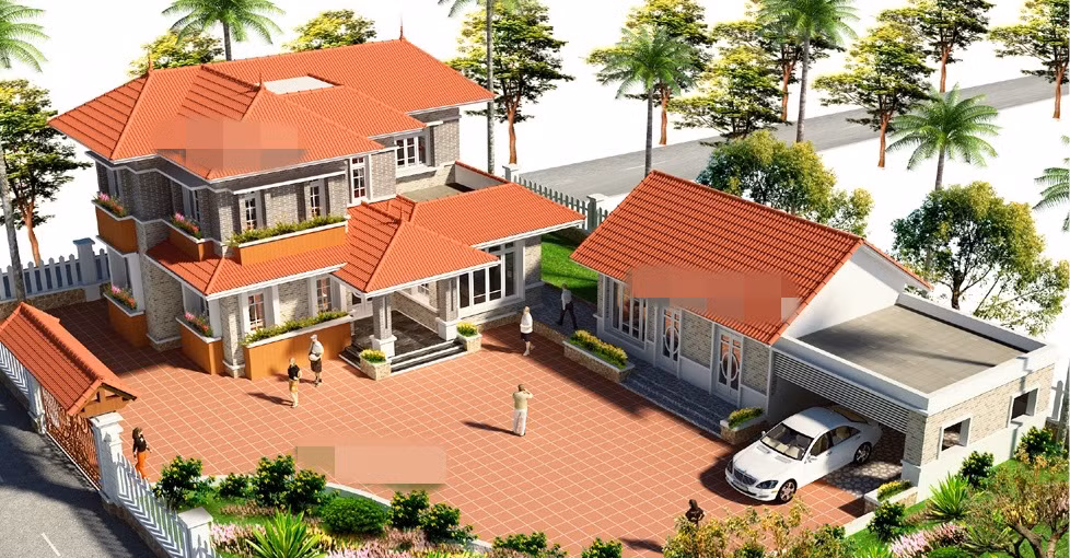 Gạch thẻ màu nâu trắng, mái thái đỏ tươi và cửa kính tạo khoảng hở sang trọng kiến tạo nên ngoại thất hoàn hảo. Ảnh: Nhasang.