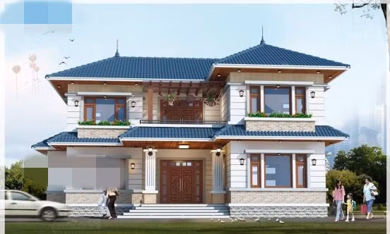  Nhà chữ L pha trộn kiến trúc cổ điển và hiện đại.Chân tường nhà bao quanh là ốp đá đẹp màu trắng sữa. Ảnh: Nhasang.