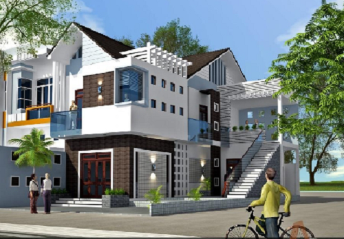 Thiết kế nhà 2 tầng mái lệch hiện đại với cầu thang ngoài. Ảnh: Kientrucvietas.