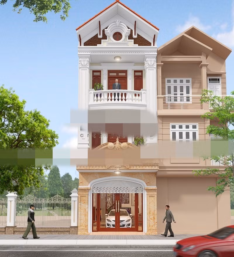 Tầng 1 thiết kế gạch ốp đá sang trọng, mang đậm kiến trúc Pháp. Ảnh: Nhasang.