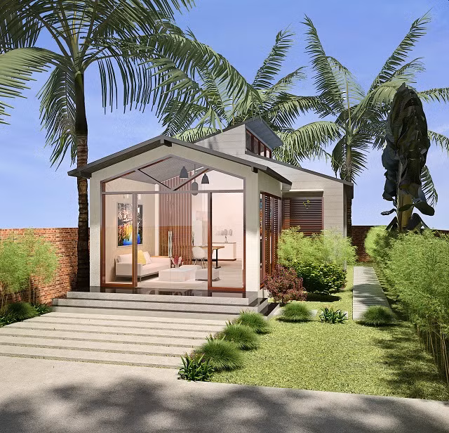 Mẫu nhà mái lệch đủ công năng sử dụng phòng khách, bếp, phòng ngủ. Ảnh: Depsangtrong.