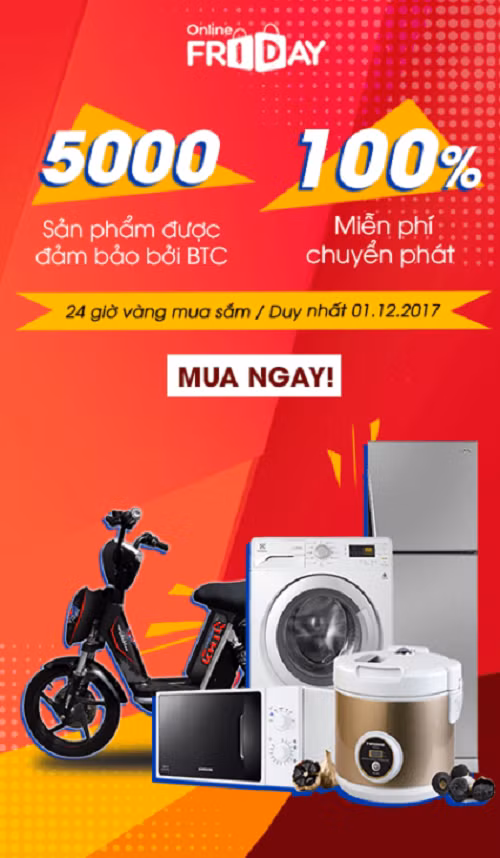 Một số sản phẩm giảm xuống mức giá 0 đồng như xe đạp điện (giá gốc 10,8-11,8 triệu đồng), nồi áp suất (1,28 triệu đồng), bàn là hơi (400.000 đồng)... Ảnh: OnlineFriday.