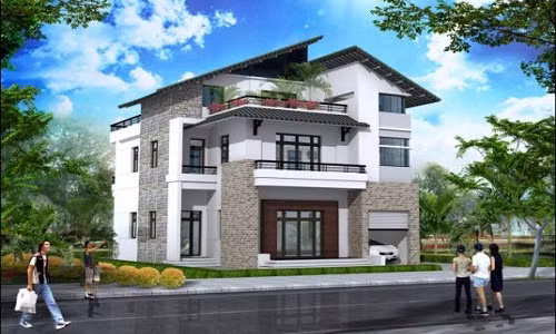 Một thiết kế biệt thự 2 tầng hoàn toàn mới sử dụng 2 mái lệch đẹp với đầy đủ tiện nghi, cảnh quan xung quanh rất đa dạng, phong phú cây xanh. Ảnh: Nhabinhduong.