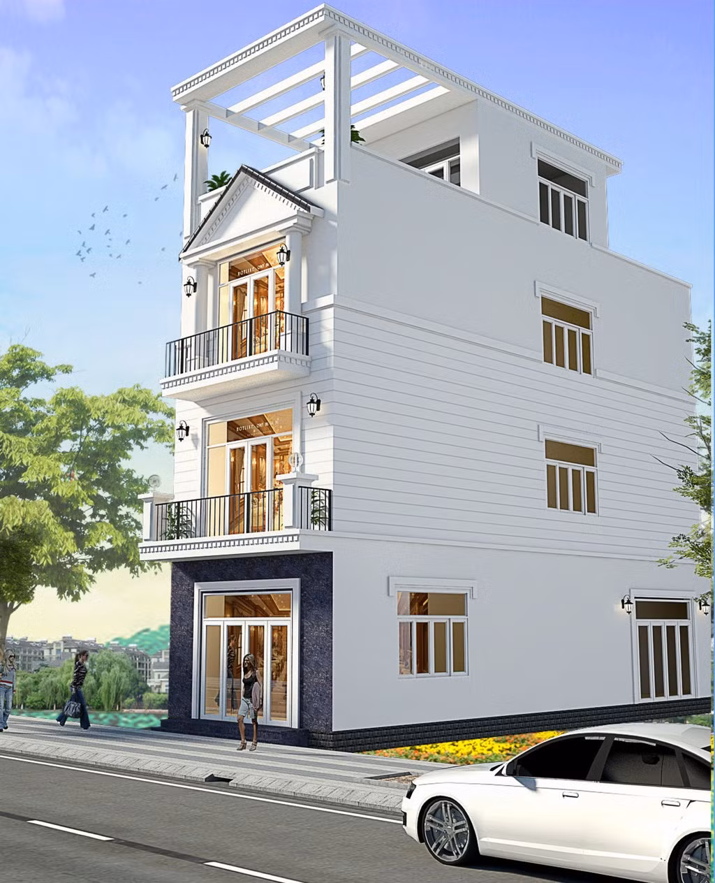 Cửa kính lớn làm tăng vẻ đẹp hiện đại của mẫu nhà phố tân cổ điển. Ảnh: Kienphat.