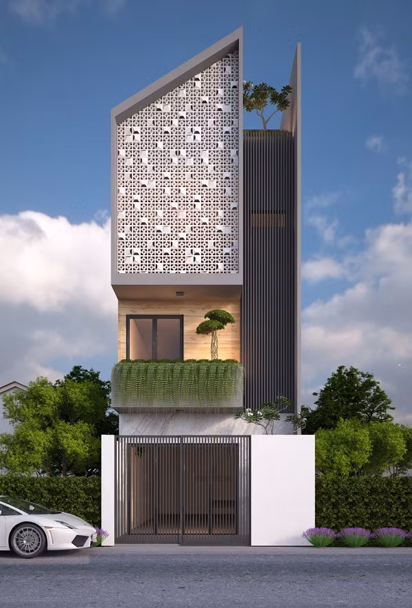 Ấn tượng nhất của công trình là mặt tiền sử dụng nhiều chất liệu, đan xen nhiều kiểu trang trí. Ảnh: Thinhphatsjc.