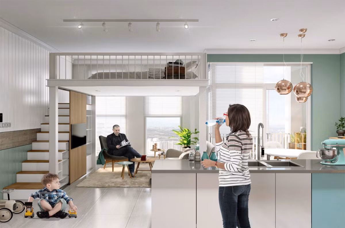 Phía dưới tầng lửng là phòng khách thiết kế nhỏ và gọn mắt. Ảnh: Lancasterlincolns.