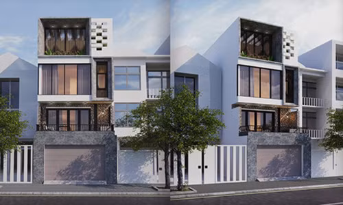 Họa tiết đá sỏi đầy màu sắc trên gạch ốp tường tầng trên là điểm nhấn hoàn hảo cho mặt tiền ngôi nhà. Ảnh: Tda.