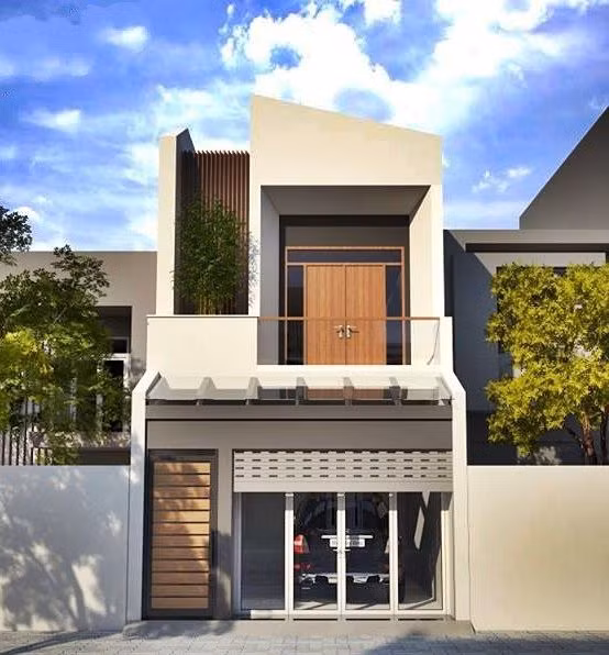 Nhà ống mái lệch 2 tầng có 3 phòng ngủ đơn giản, phòng khách có giếng trời mát mẻ. Ảnh: Datbinhduong.