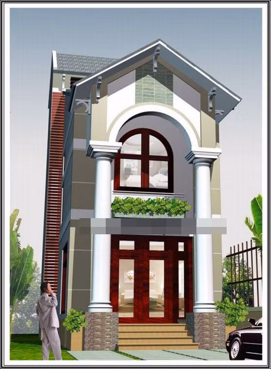 Nhà ống mái thái đơn giản nhưng vững chắc với 2 chiếc cột trụ to phía trước. Ảnh: Thietkenhadepmoi.