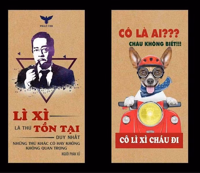 Câu nói nổi như cồn của cô bé học sinh cảnh giác với người lạ được cải biên trên phong bao lì xì: "Cô là Ai, cháu không biết, cô lì xì cháu đi".