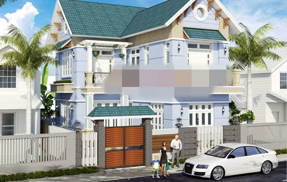 Nhà 2 tầng chữ L mang vẻ sang trọng. Những hình khối vuông vắn trên các mảng tường được cách điệu chia thành các ô để tạo điểm nhấn. Ảnh: Angcovat.