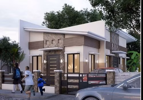 Mẫu thiết kế nhà cấp 4 mái lệch nhẹ nhàng kết hợp gam màu trắng và nâu hài hòa. Ảnh: Xaydungtrangtrinoithat.