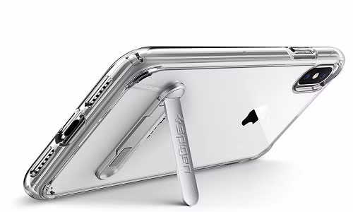 Vỏ bảo vệ có thêm chân để giúp người dùng đặt iPhone X ở chế độ nằm ngang và trải nghiệm các tính năng giải trí như xem phim, nghe nhạc mà không phải cầm trên tay. Ảnh: Spigen.