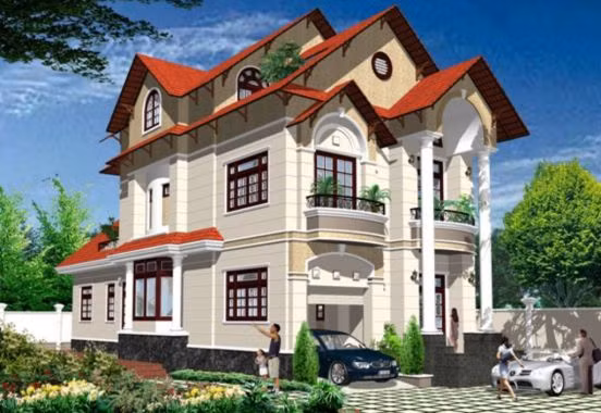 Mái thái lợp ngói màu đỏ là điểm thu hút mạnh mẽ nhất của kiến trúc tân cổ điển. Ảnh: Nhabinhduong.