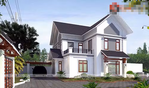 Mẫu nhà 2 tầng thiết kế đơn giản và thanh nhã, gợi mở phong cách gần gũi. Màu trắng chủ đạo kết hợp hài hòa với màu gỗ tạo sự sang trọng, không lỗi thời. Ảnh: Savic.