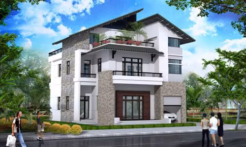 Nhà mái thái lợp ngói kiến trúc mới nhất 2018 có cây xanh mát mẻ cho không gian sống đầy đủ, tiện nghi. Ảnh: Khoevadep.