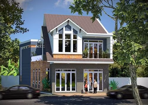 Mẫu nhà 2 tầng mái thái kiểu dáng biệt thự ấn tượng với tường sơn màu ghi trắng. Mặt tiền tầng 1 được ốp gạch trang trí. Ảnh: Datbinhduong.