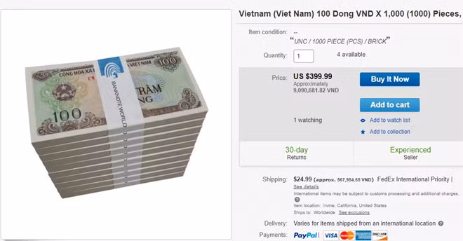 Trên các trang thương mại điện tử của nước ngoài lớn như eBay, Amazon… loại tiền mệnh giá 100 đồng được rao bán khá rộng rãi, nhưng phí quy đổi cao gấp 99 -170 lần giá trị. Trên trang eBay một cọc 1.000 tờ 1.000 đồng được bán với giá gần 4 triệu đồng. Ảnh: Zing.