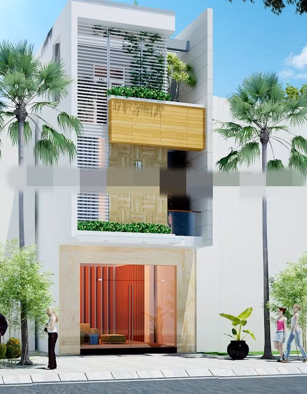 Trên diện tích 80m2, ngôi nhà phố sử dụng màu sắc đơn giản, ban công rộng và nhiều cây xanh. Ảnh: Kientrucnhaviet.