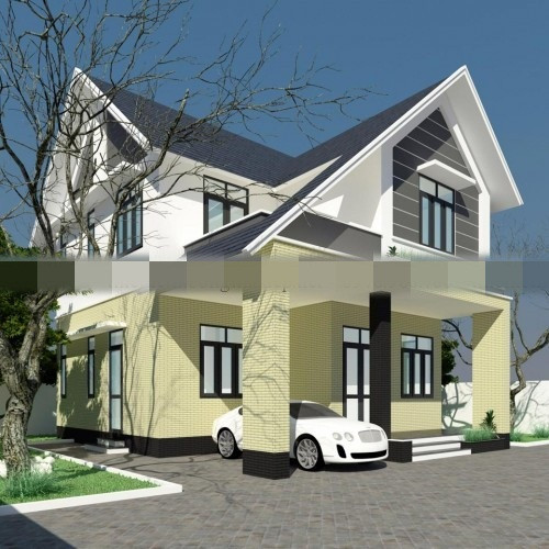 Biệt thự 2 tầng mái thái nổi bật với phần ốp đá ở tầng 1. Ảnh: Thietkethicongnhadep.