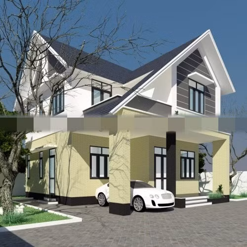 Biệt thự 2 tầng mái thái nổi bật với phần ốp đá ở tầng 1. Ảnh: Thietkethicongnhadep.