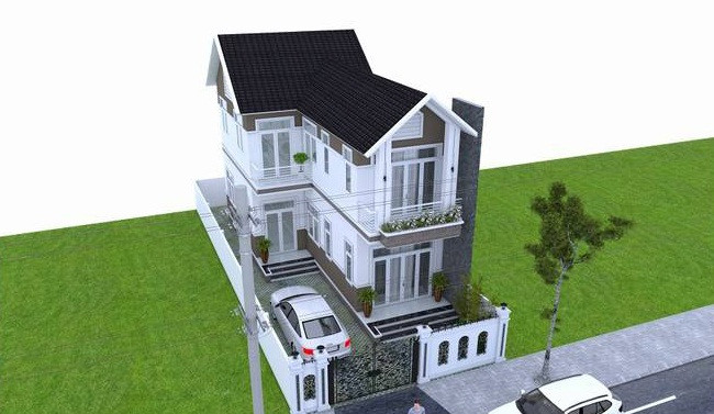 Biệt thự 2 tầng đơn giản thiết kế hình chữ L truyền thống. Ảnh: Thietkenhadep247.