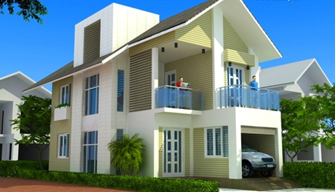 Công trình theo phong cách trẻ trung, phía trước là sân vườn, một bên là cửa vào gara, một bên là sảnh vào cửa chính. Ảnh: Em đẹp.