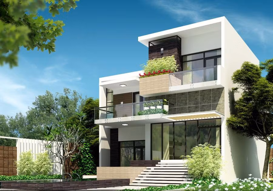 Biệt thự phố hiện đại với lan can kính và gạch ốp sang trọng. Ảnh: Xaydungkientruc.