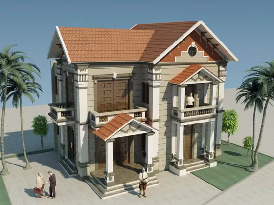 Được thiết kế theo phong cách biệt thự 2 tầng kiểu Pháp, công trình tối giản bớt các chi tiết phào chỉ, thay vào đó là hình khối mạnh mẽ. Ảnh: Nhadepvuonxinh.