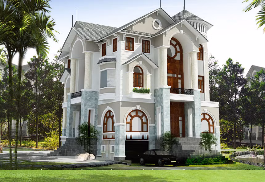 Biệt thự tân cổ điển có mái thái đổ ra xung quanh. Những ô cửa sổ mở rộng theo phương ngang chạy dọc theo ngôi nhà giống như những khung tranh thâu tóm lại toàn bộ cảnh vật xung quanh. Ảnh: Biethudep.