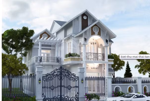 Biệt thự mái thái phong cách tân cổ điển có biểu tượng nghệ thuật cao, phá vỡ sự tẻ nhạt vốn có. Ảnh: Doananhquoc.