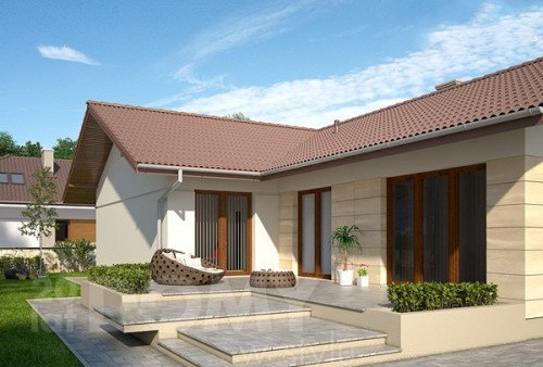 Mẫu nhà cấp 4 hình chữ L mái tôn có phần hiên đẹp và hiện đại cho gia đình kinh tế eo hẹp. Ảnh: Thietkethicongnhadep.