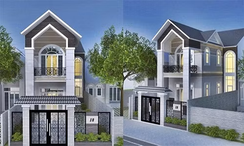 Nhà ống thiết kế theo dạng bán cổ điển, sử dụng mái thái và gạch ốp granit. Ảnh: Thietkexaynha.