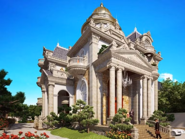 Mẫu thiết kế biệt thự tân cổ điển sử dụng nhiều trụ cột tròn và họa tiết cầu kỳ trên mái. Ảnh: Nhadepsang.