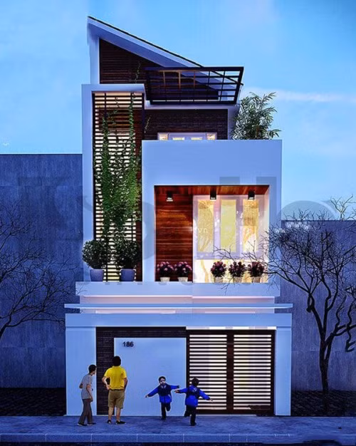 Thiết kế nhà ống 2 tầng kiểu dáng biệt thự với phần mái lệch bắt mắt, phù hợp với cuộc hiện đại, cho gia đình thu nhập có thu nhập cao. Ảnh: 10nhadep.