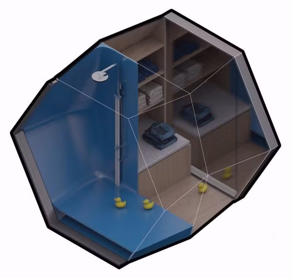 Sử dụng các giàn giáo để neo nhà trên các vách ngăn, các mô hình nhà hình lục giác Homed có thể tạo thành nơi ở tạm thời, một loại nhà riêng mà hầu hết các nơi trú ẩn trước đây không thể cung cấp được cho người vô gia cư.