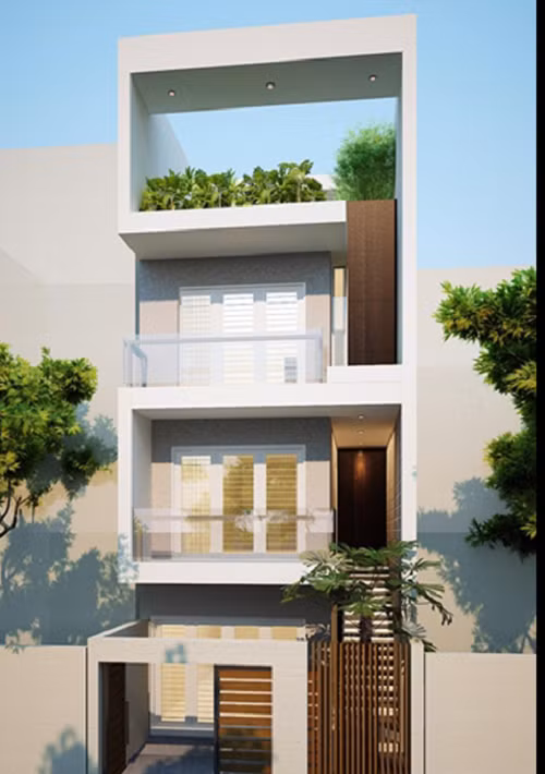 Mẫu nhà ống 3 tầng sử dụng lan can kính cường lực ở ban công tăng thêm sự thoáng rộng và bề thế. Ảnh: Maunhadepmoi.