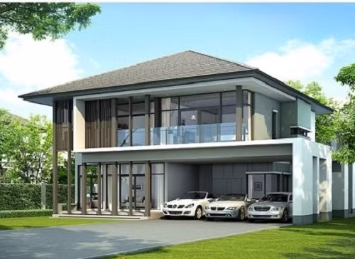 Thiết kế hài hòa cân đối, có lối đi quanh khu vườn, thác nước, ao hồ, có gara là hình mẫu điển hình cho phong cách biệt thự vườn sinh thái. Nguồn ảnh: Printest.