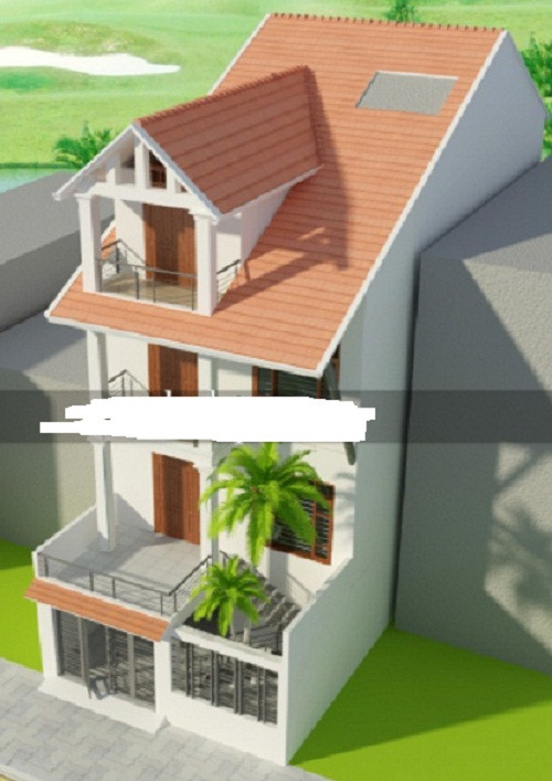 Nhà ống mái thái có thiết kế cầu thang ngoài lên phòng khách với kiến trúc kiểu biệt thự. Ảnh: Vinahouse.